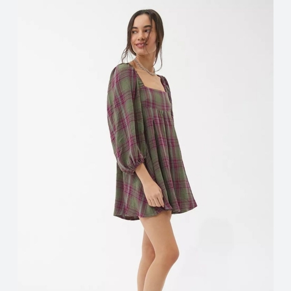 Urban Outfitters Dresses & Skirts - Urban Outfitters Plaid Babydoll Mini Dress Puff Sleeves School Girl Grunge Small
